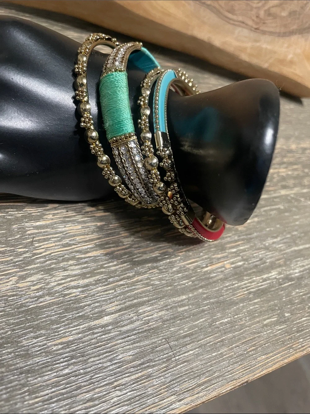 Gold Tone Multi-Color Bangle Set with Turquoise and Red Accents